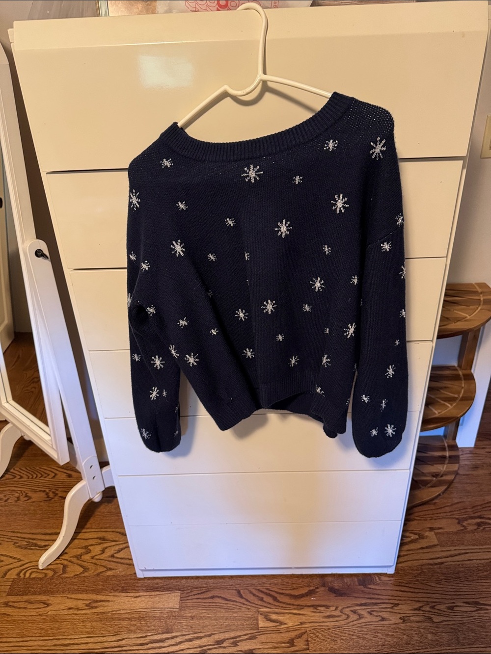LOFT Navy Crewneck Sweater with White Snowflake Embroidery